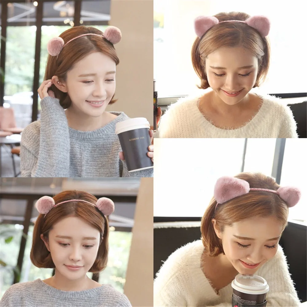 Ободок для волос с шариками кошачьими ушками Женский плюшевый ободок девушки