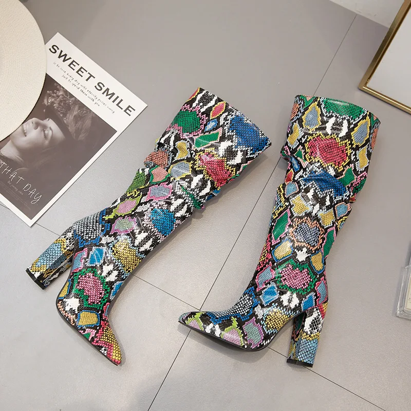 

Net red boots female style snake pattern thick heel pointed high heel below knee long boots high tube single