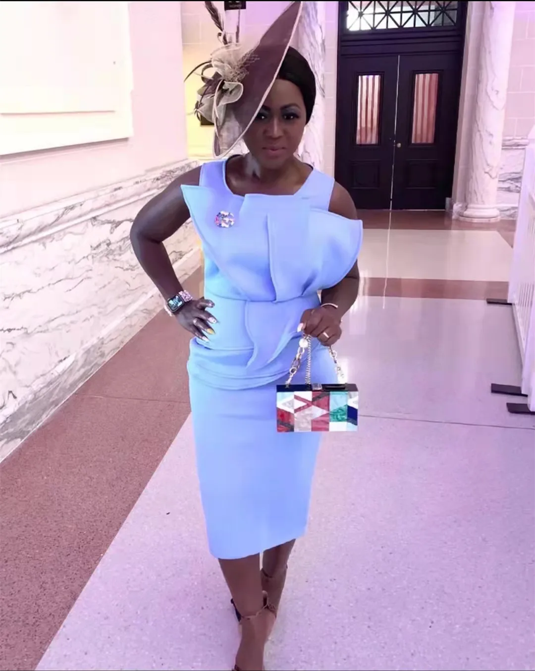 

Summer Midi Dresses Women Sleeveless Skye Blue Sundress with Pleat Ruffles Midi Calf Length Round Neck Elegant Night Party Robes