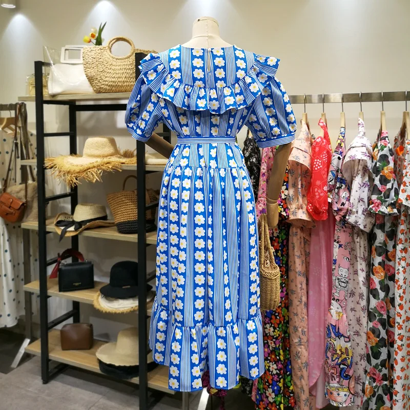

Summer Korean Daisy Print Puff Sleeve Women Ruffles Beach Boho Dress Elegant Female Casual Loose Midi Party Dresses Vestidos
