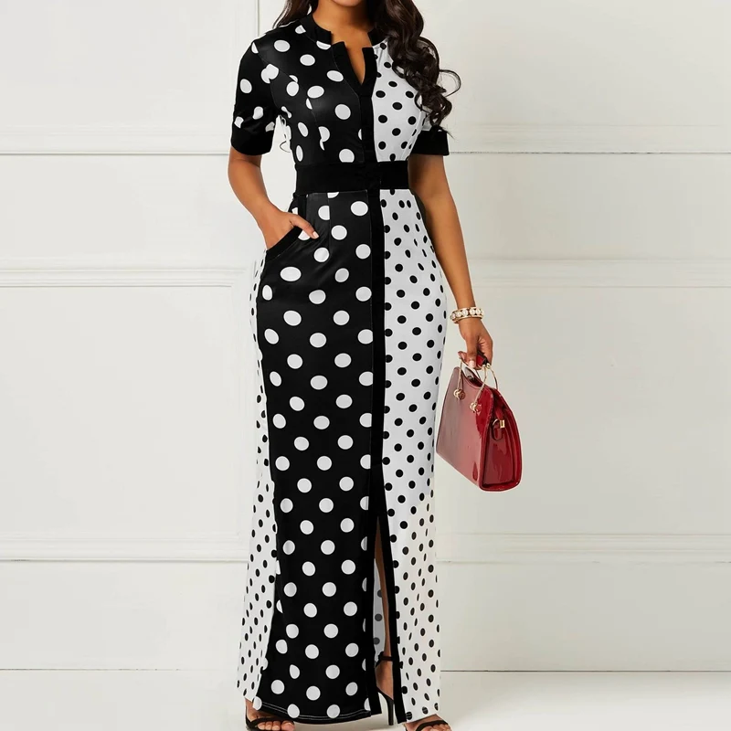 

2021 New Fashion Summer Front Split Maxi Long Dress Chiffon Printed White Black Patchwork Polka Dot Elegant Lady Casual Dress