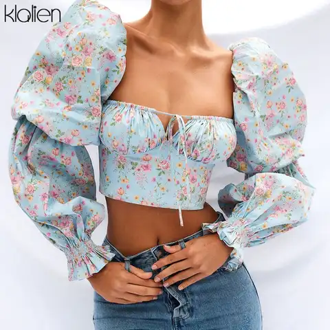 KLALIEN Spring Summer Fashion Elegant French Romantic Floral Puff Sleeve Square Collar Women Blouses New White Chiffon Shirt