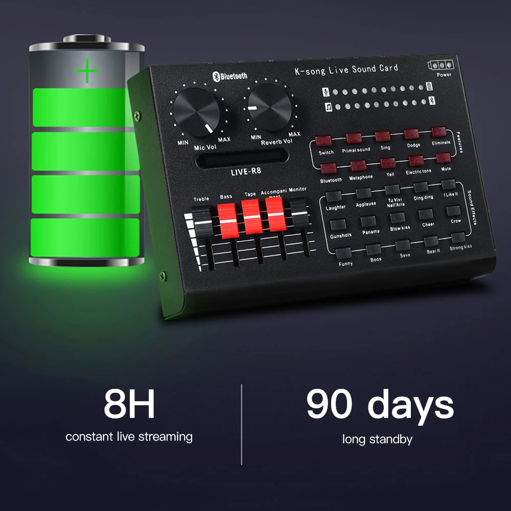 

R8 Live Sound Card with Audio Cable USB Cable Sound Effects Dodge Mode Indicator Light for Computer Sound Card