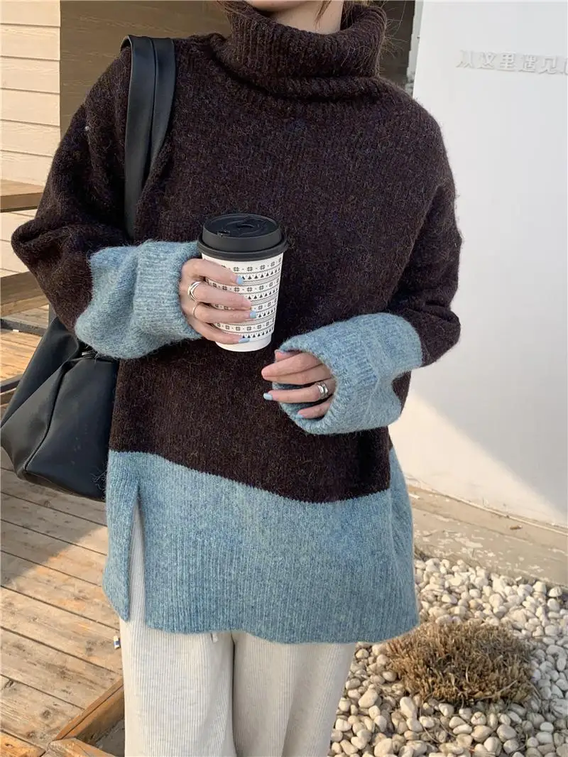 

Turtleneck pullover knitted sweater women 2020 loose and versatile contrast color hem split color matching thick sweater