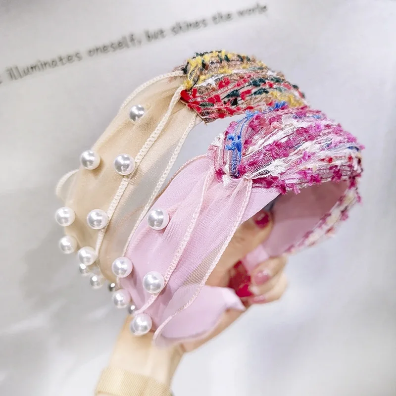 

Fashion Female Colorful Fabric Hair Bands Knotted Pearl Headbands For Women Girls Hair Hoop Korean Hair Accessories