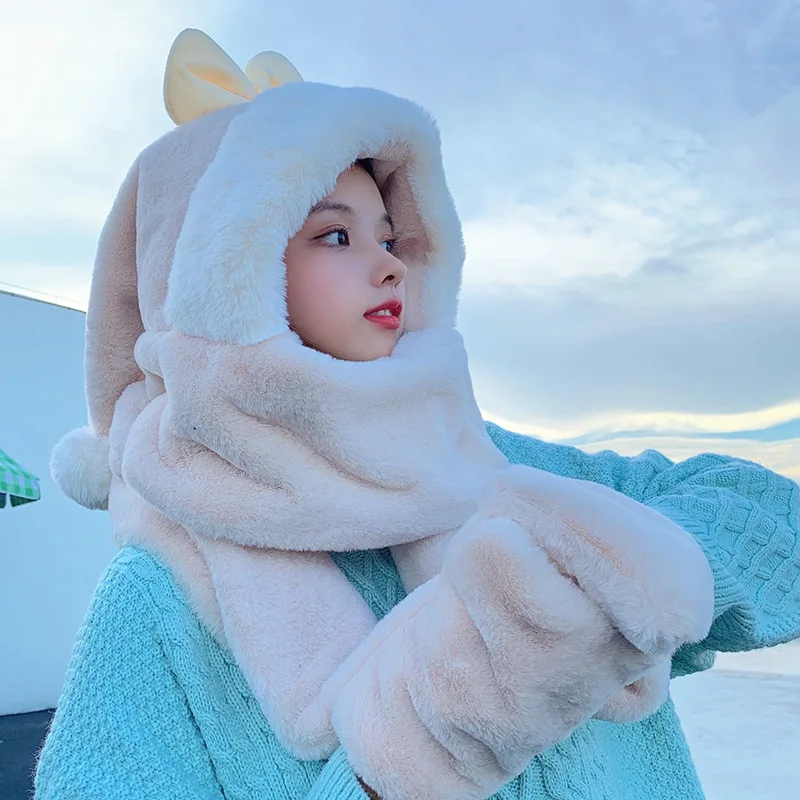 Harajuku New Winter New Big Bow Plush One-piece Hat Women Winter Warm Plush Shield Streetwear