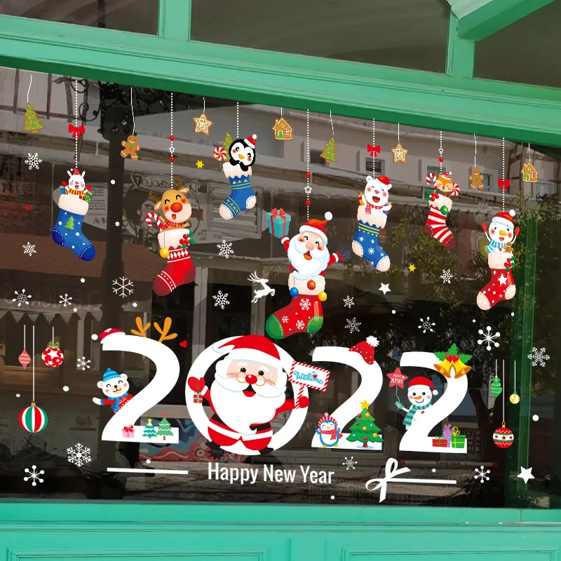 

[SHIJUEHEZI] 2022 Chirstmas Glass Stickers DIY Santa Claus Snowman Socks Wall Decals for Room Window New Year Home Decoration
