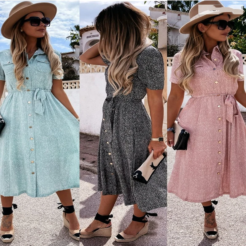 

Женское платье, летнее модное однобортное облегающее платье с поясом и принтом для женщин, элегантное женское пляжное платье с коротким рук...