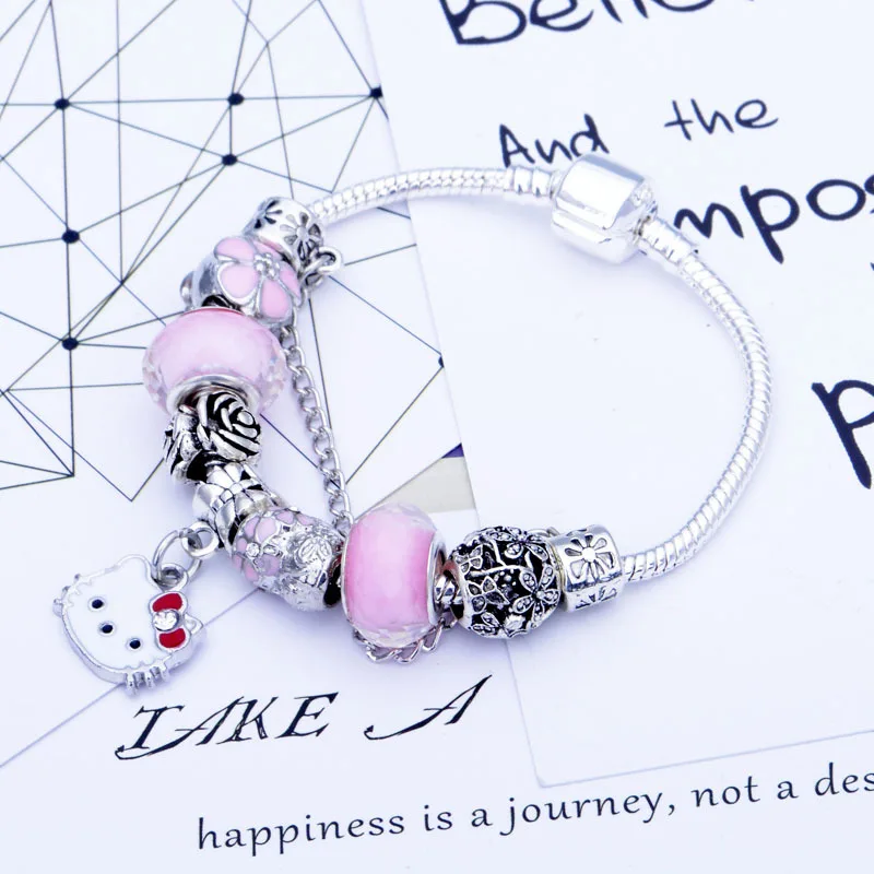 

Pink little princess Kitty cat pendant bracelet Creative European and American fashion pandora-style diy bracelet