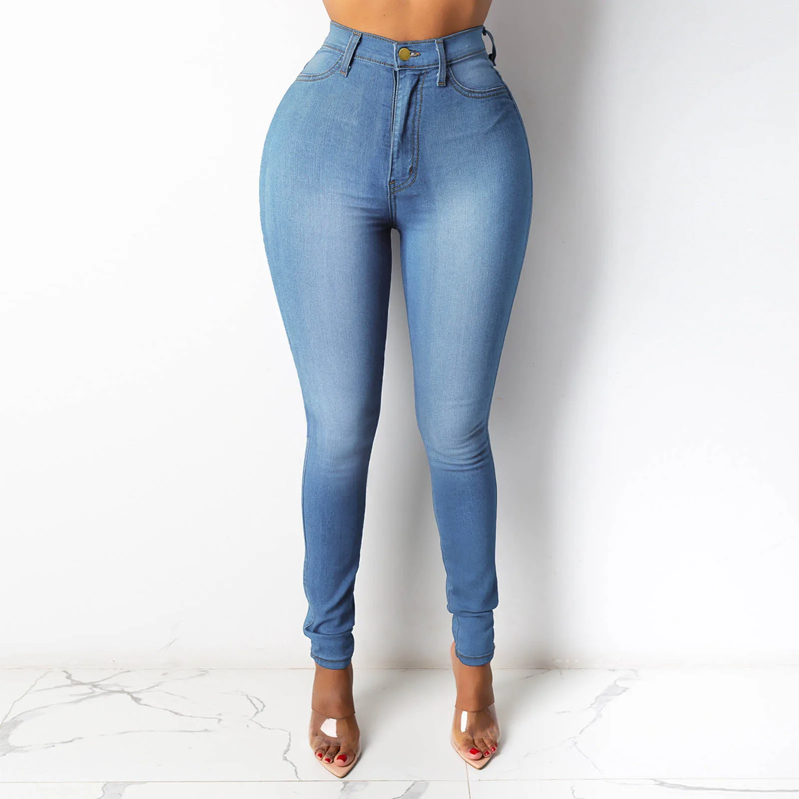 

Женские джинсы со средней талией, облегающие синие джинсы-стрейч в стиле ретро, потертые узкие брюки-карандаш, состаренные джинсы для осени ...