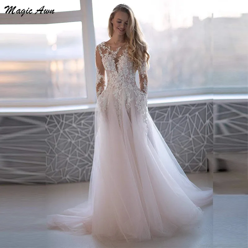 

Magic Awn Modest Long Sleeves Wedding Dresses Lace Appliques Light Pink Boho A-Line Bridal Gowns Illusion Pockets Robe De Mariee