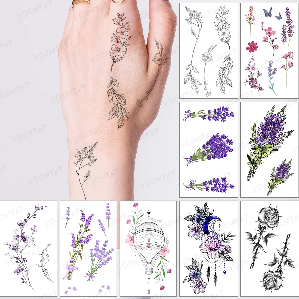 

Waterproof Temporary Tattoo Sticker Linear Flower Leaf Black Tatto Ear Root Facial Neck Tatoo Woman Man Child Fake Flash Tattoos
