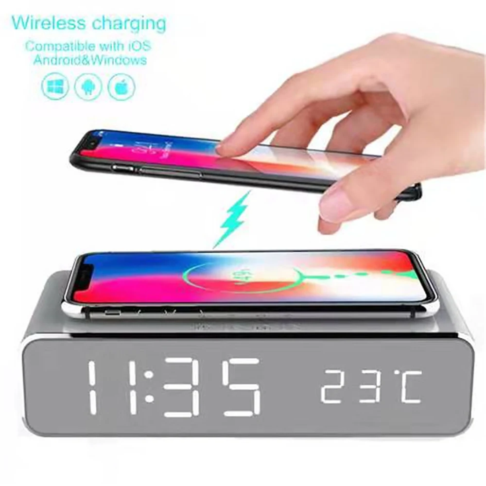 

Multifunctional Wireless Charging Charger Alarm Clock&Time &Temperature LED Display Qi Standard 5V 1AOutput As Desk Decoration
