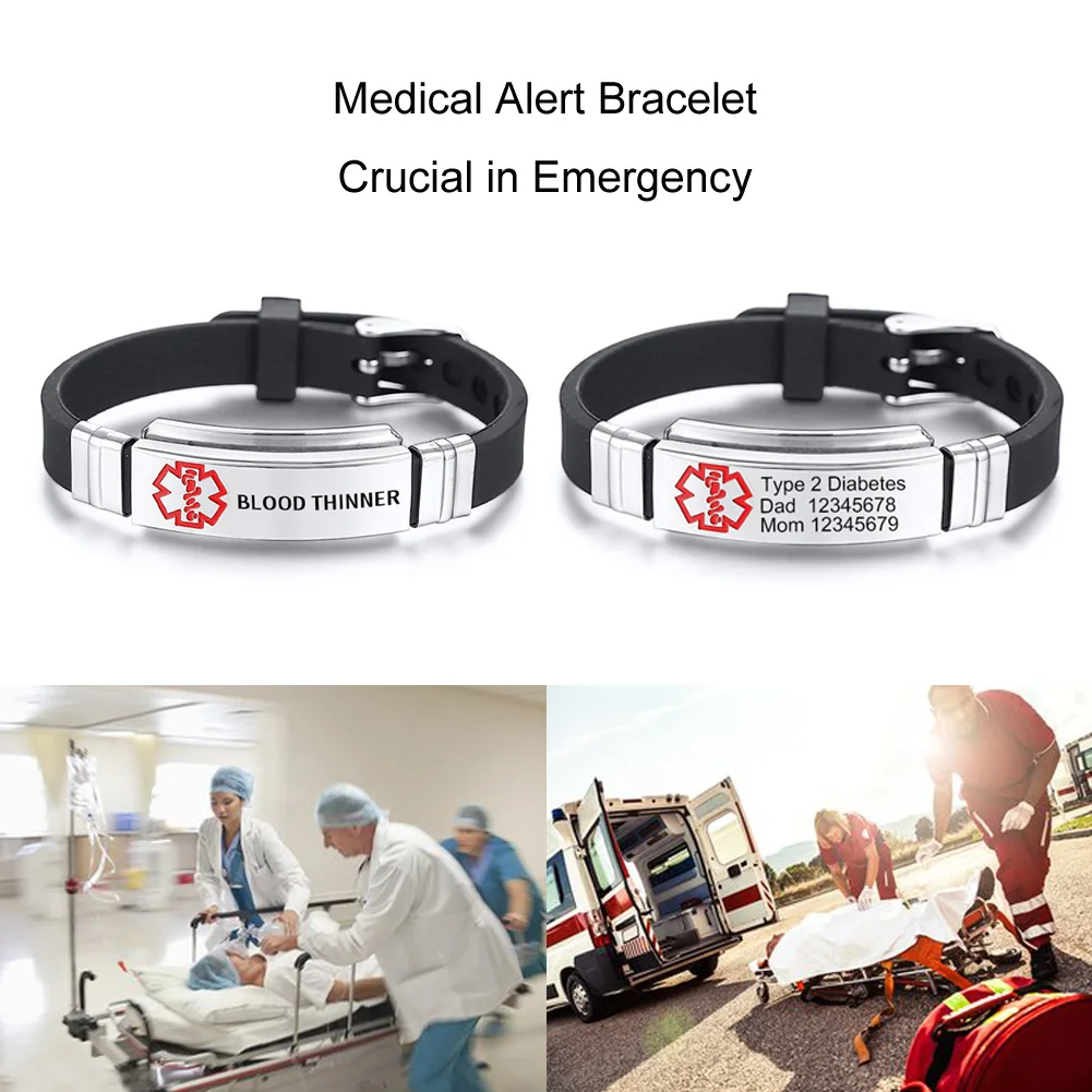 

Medical Alert Bracelet ID Personalized Jewelry Adjustable Black Engravable Bracelet for Men Message Reminder PACEMAKER COUMADIN
