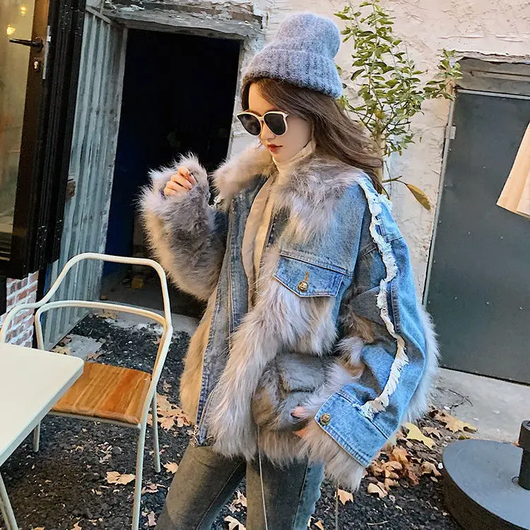 Women 2022 Autumn Winter Fashion Faux Fur Stitched Denim Fur Coat New Female Casual Loose Jackets Thickened Vintage Jackets G27