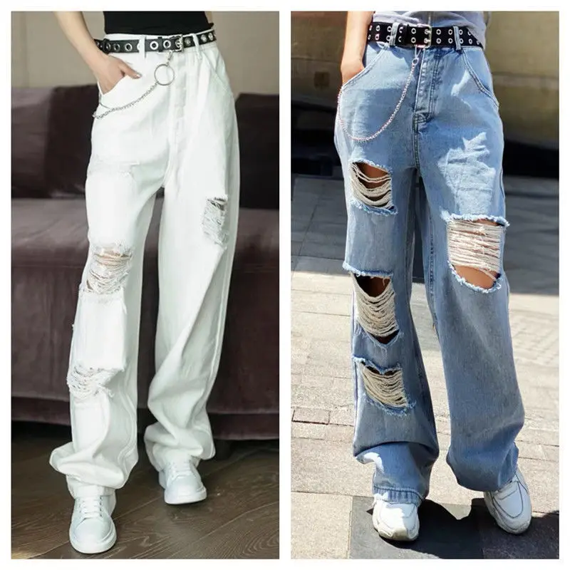 

New white hole jeans women's loose wide leg pants summer thin style draping high waist straight pants