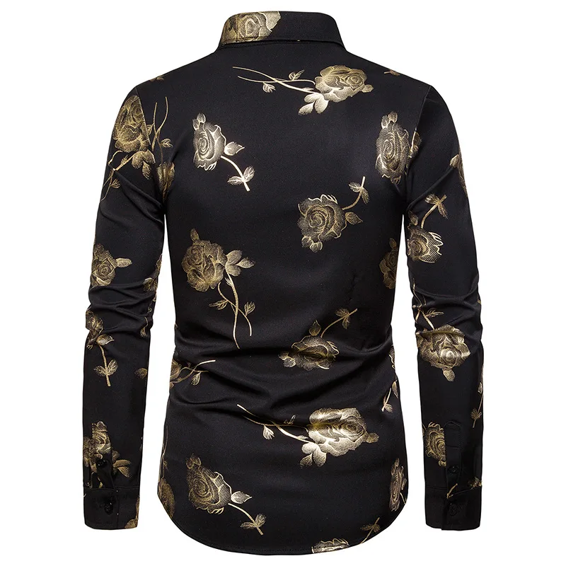 New Men Hipster Luxury gold Rose Bronzing Printed Long Sleeve Dress Shirt wedding Night club Hip hop party Slim Shirts