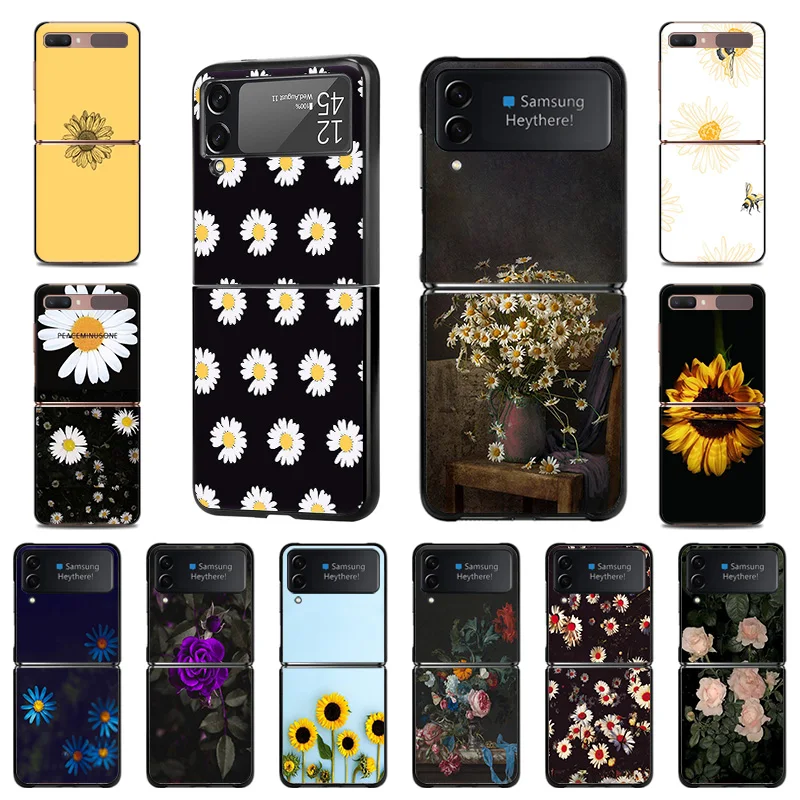 

Чехол-книжка для Samsung Galaxy Z Flip3, роскошный высококачественный черный чехол для телефона с рисунком ромашки, подсолнуха, розы, Жесткий Чехол