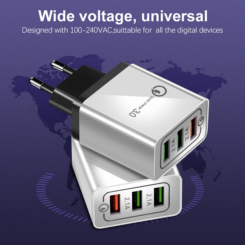 3 порта USB настенное зарядное устройство QC3.0 быстрое зарядное устройство s 5 V/2.4A 18W Быстрая зарядка для samsung Xiaomi huawei iPad iPhone Micro type-C кабель