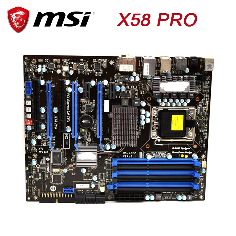 Материнская плата MSI X58 Pro LGA 1366 DDR3 24 ГБ Intel SATA 2 USB2.0 3xPCI-E 0 16X ATX Placa-MOM для Core i7-990X i7-940 ЦП |