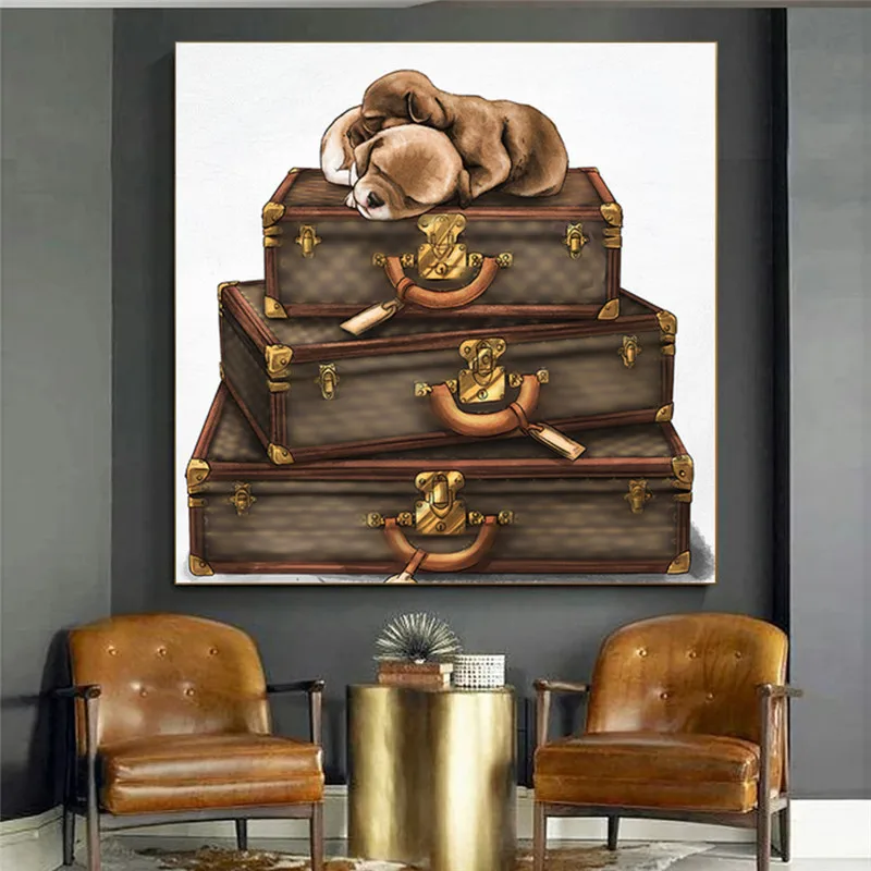

Dog and three Vintage Luggage Posters and Printings Nordic Modern Suitcase Canvas Painting Pictures For Living Room Decoration
