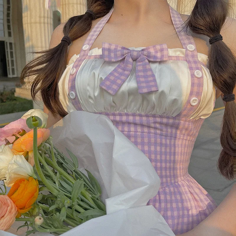 

Sweet Japanese Lolita Dress Women Cute Backless Bow Halter A-Line Dresses Kawaii Soft Girl Korean Pink Plaid Summer Gothic Dress