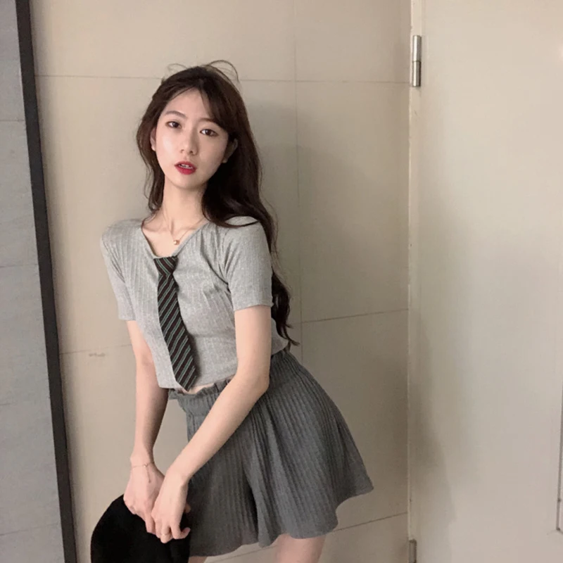 

Женская одежда в Корейском стиле, футболки в полоску с галстуком, новая футболка, женская модная хипстерская футболка, укороченный топ, модн...