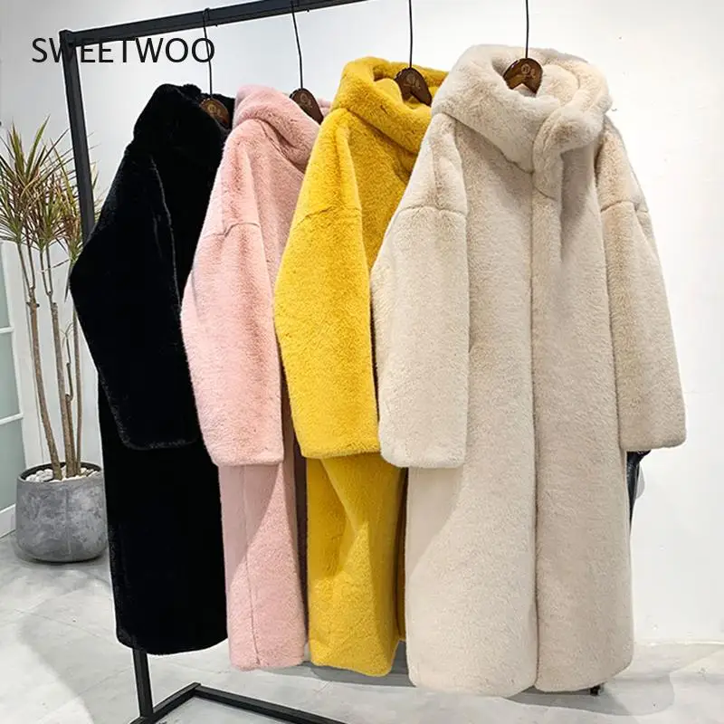 Winter Women High Quality Faux Rabbit Fur Coat Luxury Long Fur Coat Loose Lapel Overcoat Thick Warm  Female Plush Coats