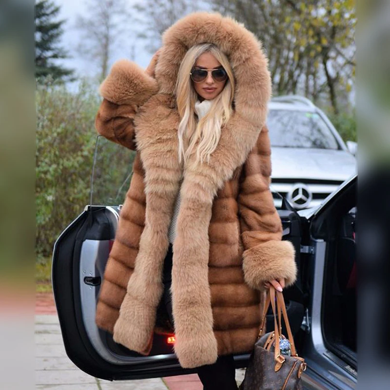 

Real Fur Coat Women Plus Size High Quality Import Genuine Mink Fur Coat With Long Fox Fur Placket Luxury Hooded Mink Fur Outwear