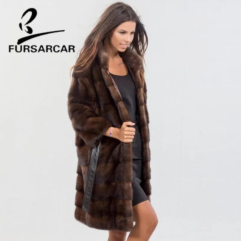 FURSARCAR Высококачественная натуральная норка шуба для женщин 90 см длинная норка шуба с воротником-стойкой женская шуба из натурального меха норки