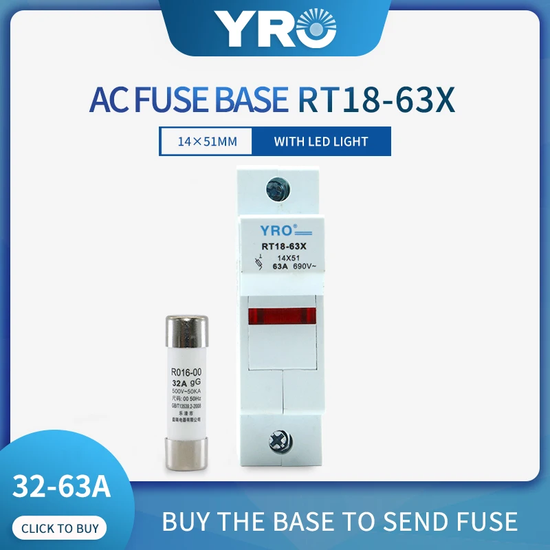 

AC 1Sets 1P LED Fuse Base 690V With 14x51MM Fast Blow Ceramic Fuse Core 32A 40A 50A 63A RO16