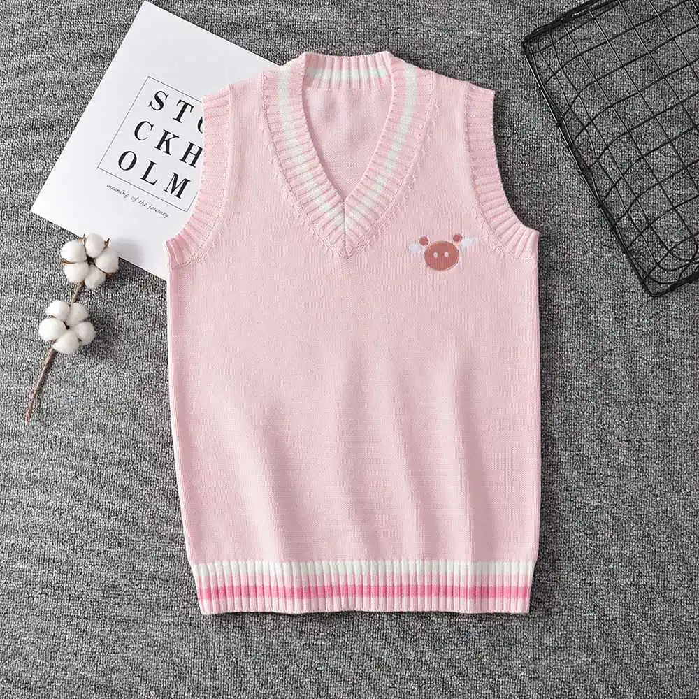 pink vest Японский свитер JK жилет сплошной цвет милый пуловер для косплея девочек школьный жилет кролик милый маленький зверь Фиолетовый Синий Розовый - Цвет: pink vest
