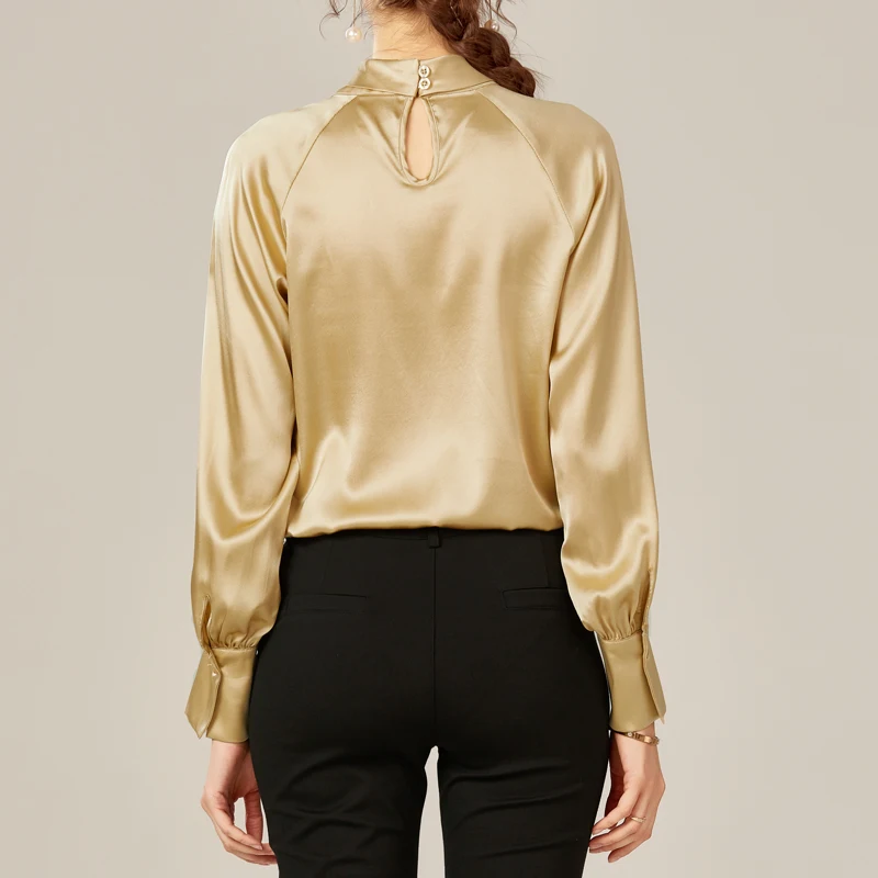 

95%Silk 5% Spandex Women's Shirts Criss Cross O Neck Long Sleeves Elegant Pullover Blouse T Shirt Tops