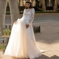 princess wedding dresses 2022 o neck long sleeves modern tulle appliques white ivory wedding gown bridal dress custom made