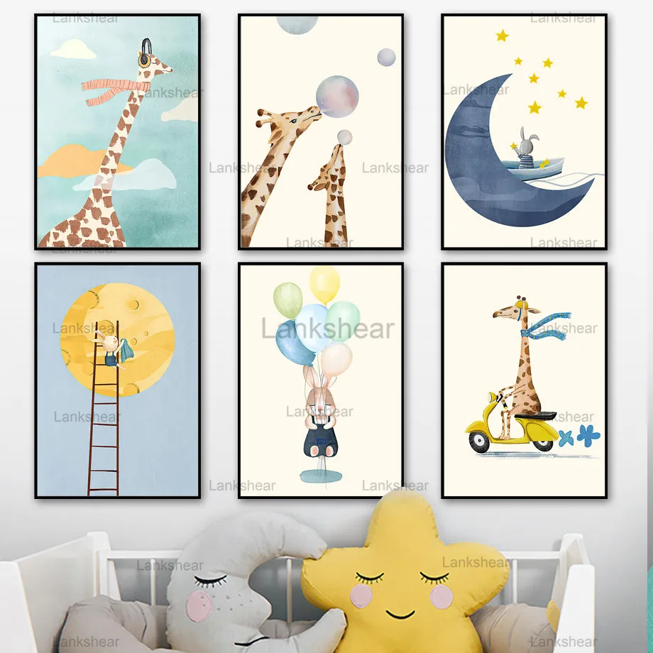 

Cute Giraffe Rabbit Moon Balloon Motorcycle Wall Art Canvas Painting Nordic Posters and Prints Wall Pictures for Kids Room Decor