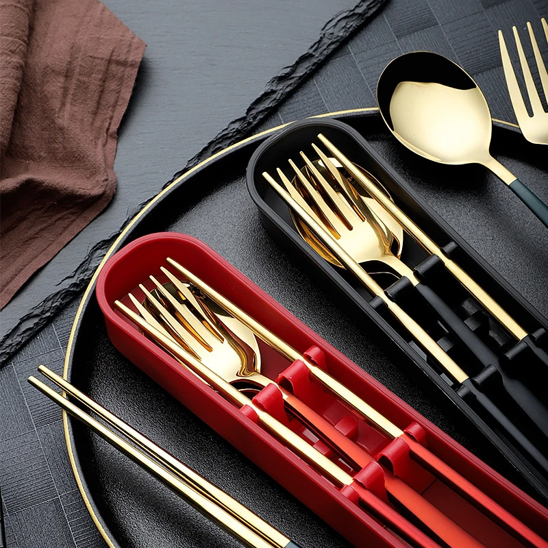 3PCS/Set Cutlery Spoon Fork Chopsticks Set Dinnerware Lunch Tableware With Box 304 Stainless Steel Portable Kitchen Accessories | Дом и сад