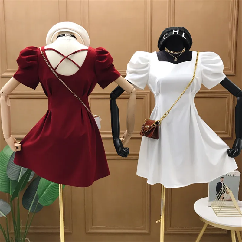 Женское платье с пышными рукавами LUOSHA ТРАПЕЦИЕВИДНОЕ ПЛАТЬЕ воротником стойкой