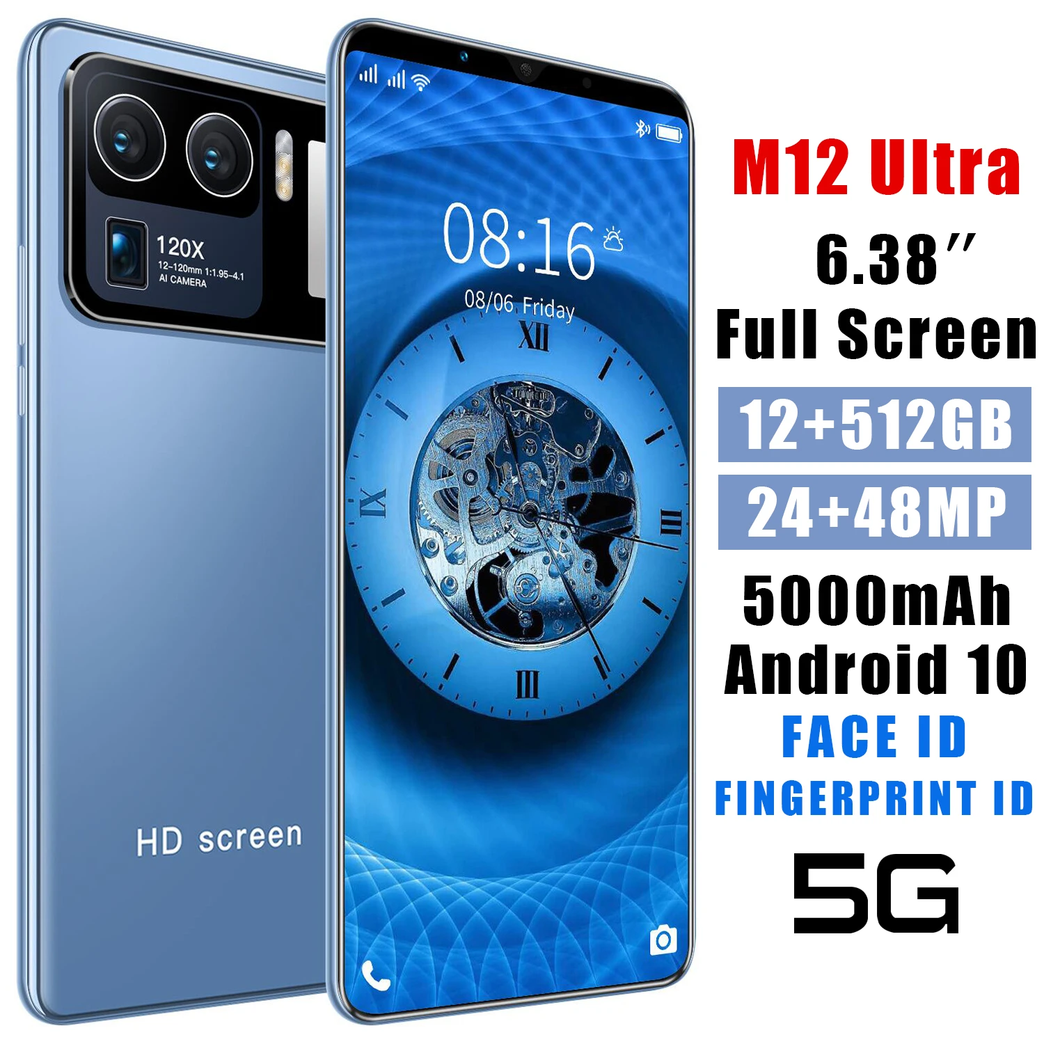 

2021 New M12 Uitra 6.38 Inch 8GB+128GB 24MP+48MP 1080*2320 MT6889 Smartphone 5G 10 Core 5000MAH Android 10.0 Finger ID Dual SIM