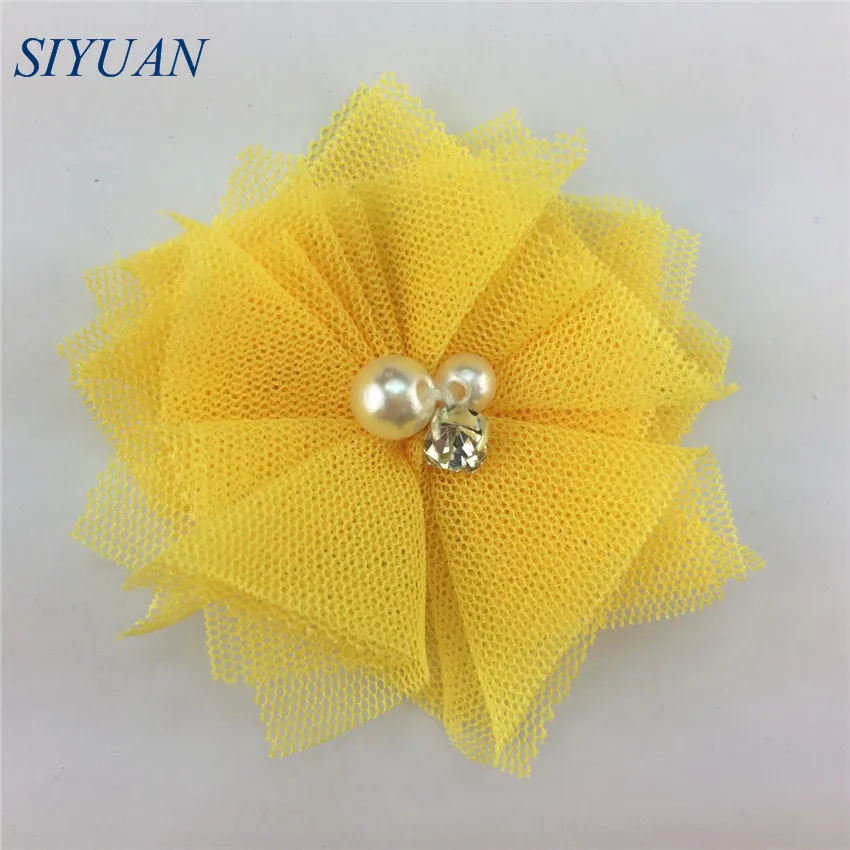 16-yellow 10 шт./лот, 5 см, сетка, тюль, Fbric, цветок, стразы, для детей, жемчуг, бисер, шикарная повязка с цветами, сделай сам, аксессуары для волос F27 - Цвет: 16-yellow