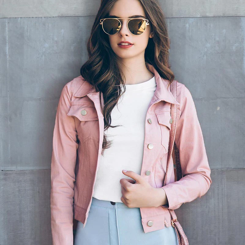 Розовая Осенняя женская укороченная куртка с длинным рукавом и отложным