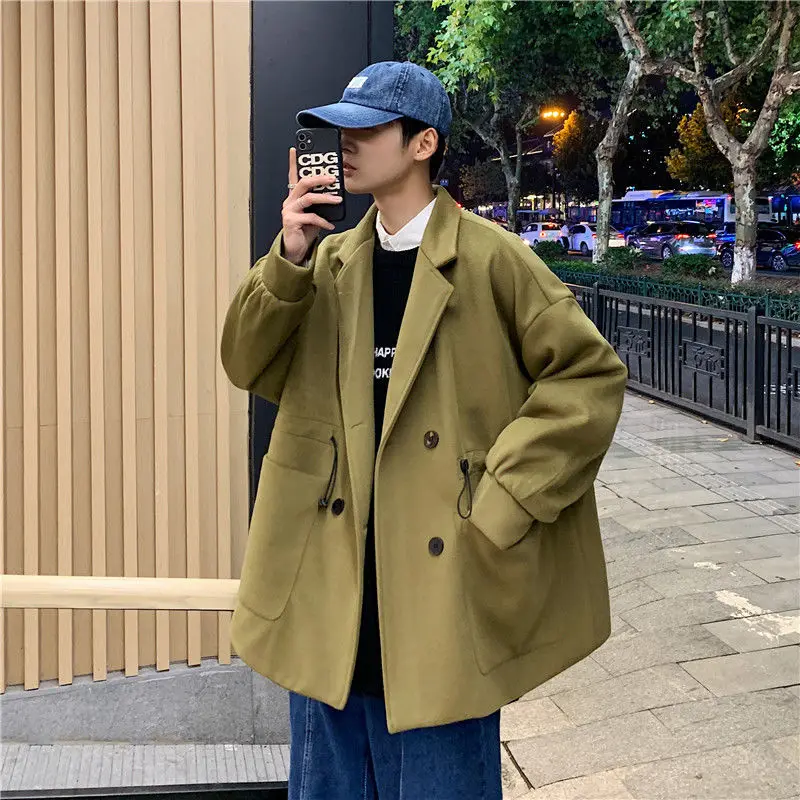 

Winter Men's Loose Woolen Blends Cashmere Long Trench Coats Lapel Collar Snow Jackets Solid Color Parkas Cotton-padded Clothes