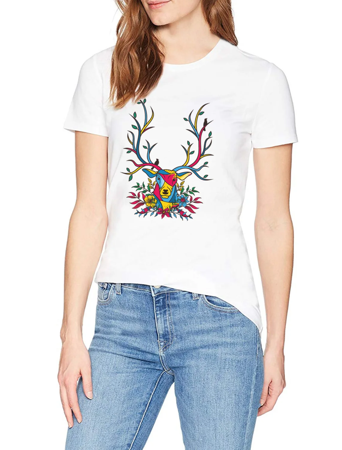 Женские футболки с принтом оленей леса Листьев черного серого и белого цветов