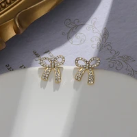 bowknot stud earrings elegant full rhinestone korean golden simple women sliver needle wedding jewelry romantic fashion earring
