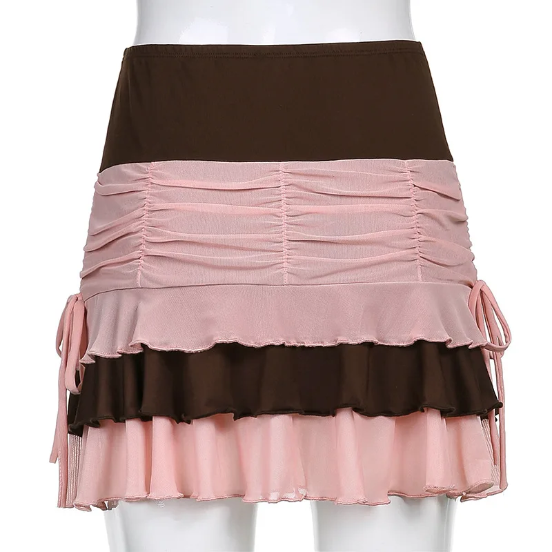 

VIMIMI 2021 Spring/Summer Sexy Girl Style Contrast Color Stitching Wave Mesh Lace Bow Knot Multi-Layer Women's Mini Skirt