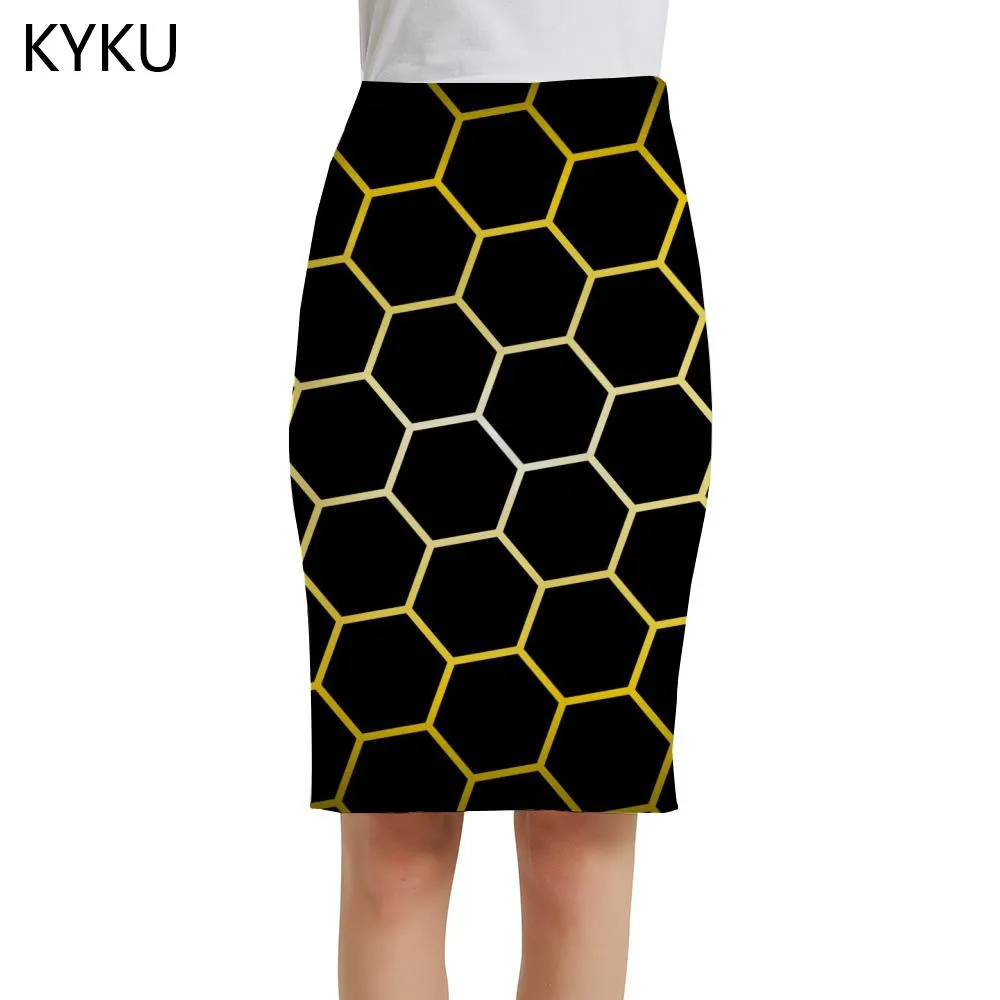 

KYKU Geometry Skirts Women Abstract Pencil Psychedelic Print Skirt Cube 3d Skirt Ladies Skirts Womens summer Anime Party