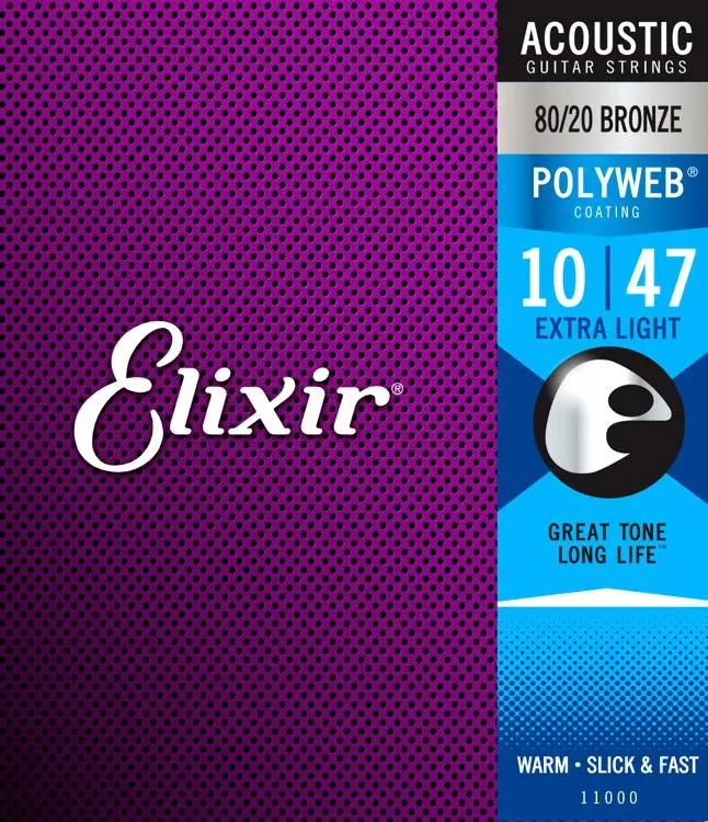 Оригинальные струны Elixir 11000 Polyweb 80/20 бронзовые для акустической гитары. 010 .047 очень