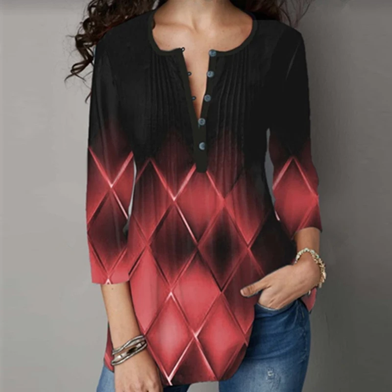 

New Elegant V-Neck Tops Women 2020 Casual 3/4 Sleeve Plus Size Print Blouse Shirt Autumn Loose Streetwear Pullover Blusa 5XL