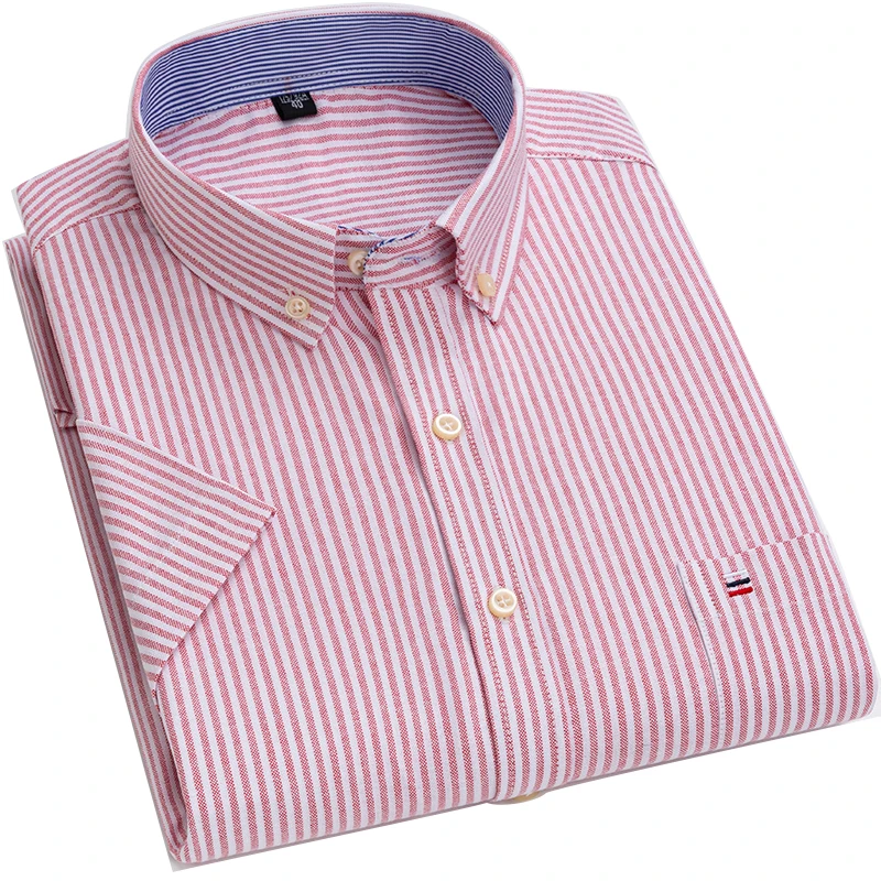 Рубашка AOLIWEN мужская с короткими рукавами, брендовая Удобная Повседневная приталенная блуза из ткани Оксфорд, в полоску, с защитой от морщин...