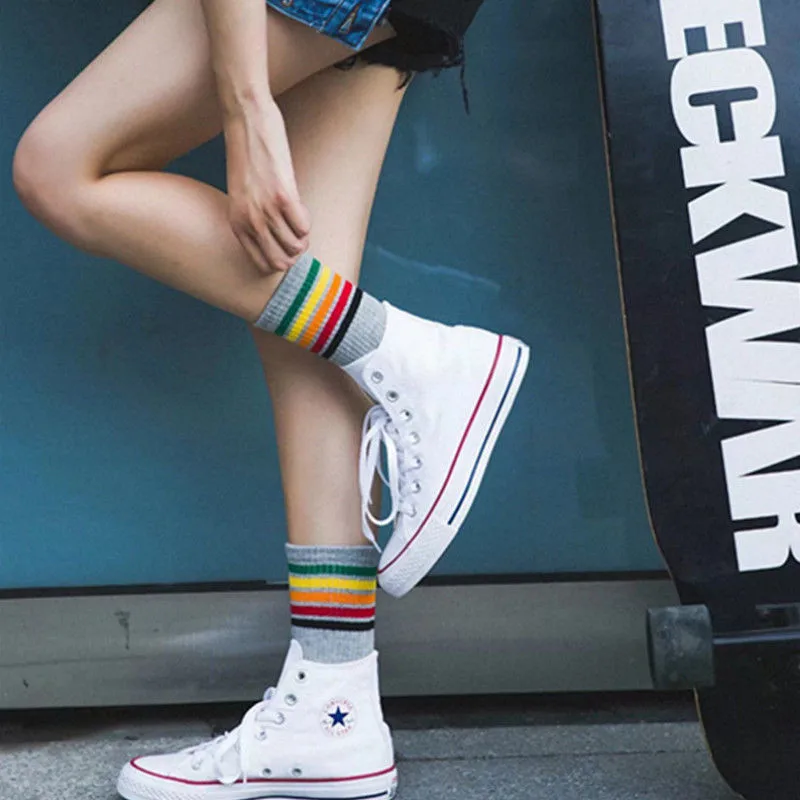 Модные Хлопковые женские носки в радужную полоску Классические Теплые