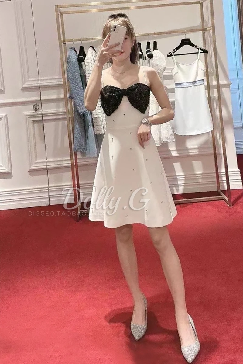 

French Sequin Butterfly Net Red Suspender Dress Summer White Design Temperament Korean Slim A-line Skirt